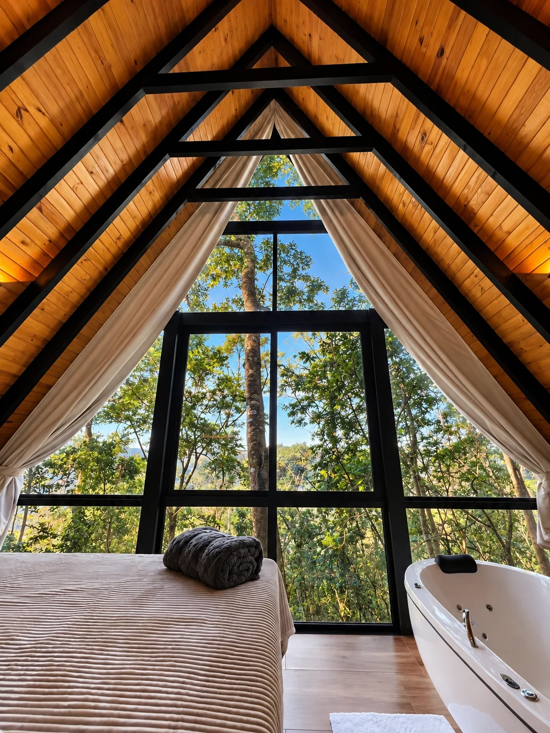 Cama e banheira da Cabana Araucária diante da grande janela triangular para a mata