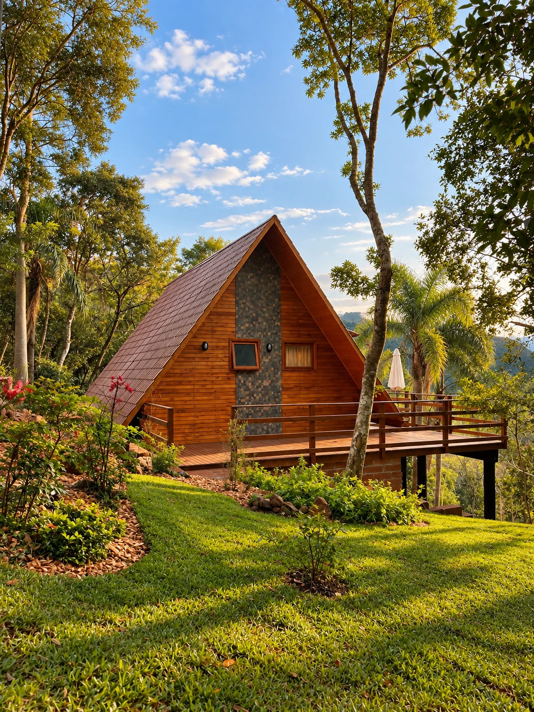 Fachada de madeira da Cabana Petúnia, com deck cercado de vegetação